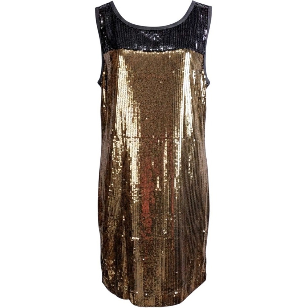 DKNYC~Sequined Shift Dress~Gold Black Colorblock Cocktail Party~Size Large ~ NWT